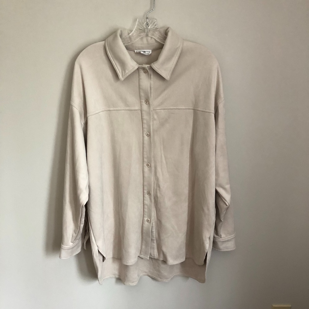 Faux Suede Cream Colored Button Down Shirt Women's Size XL
